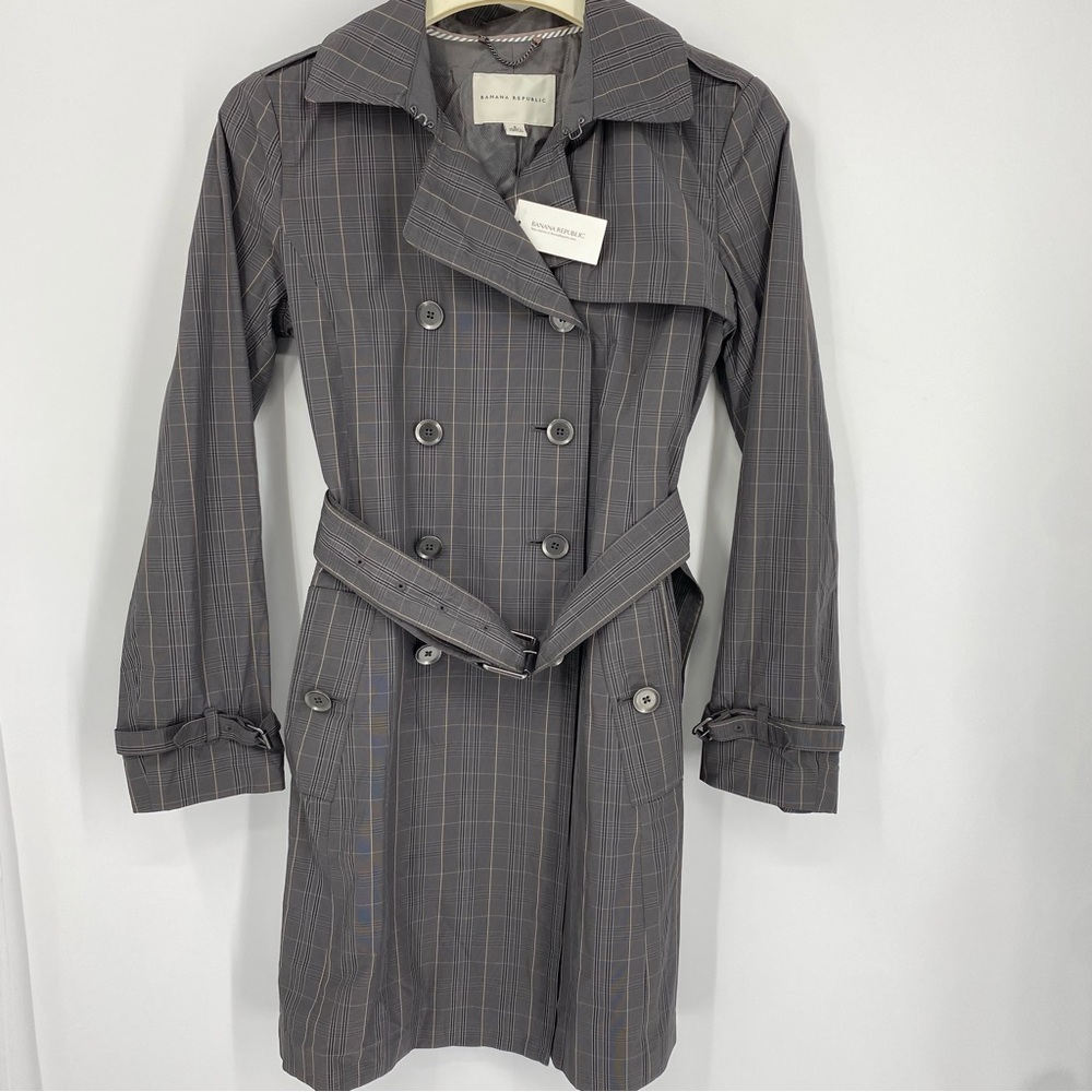 Banana Republic Packable Double-Breasted Plaid Trench Coat Gray NWT Size S